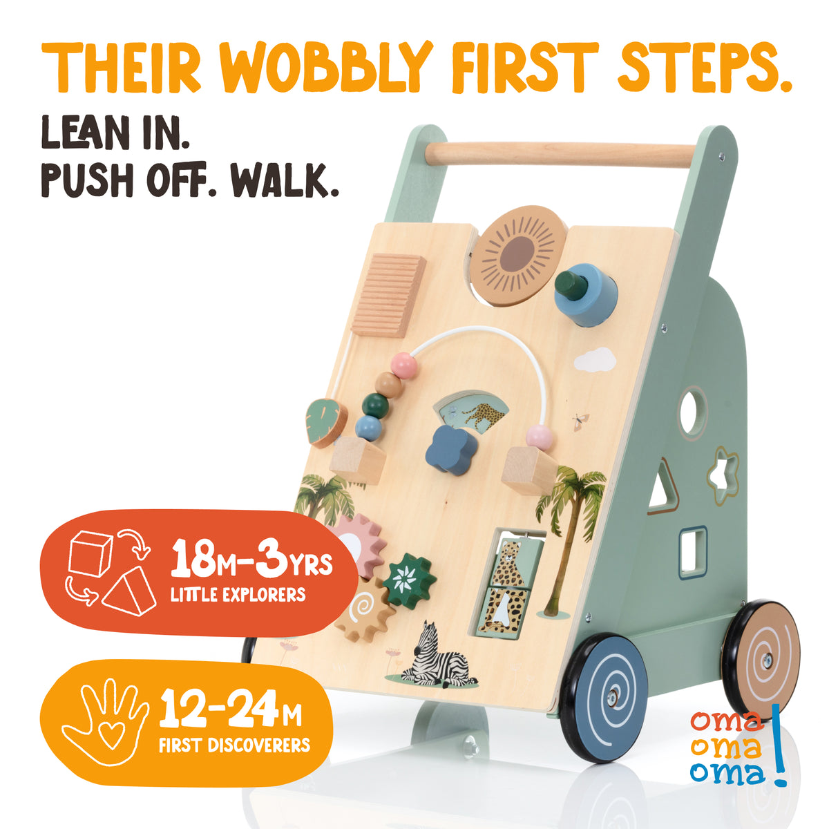 Wooden baby push walker from OmaOmaOma in FSC-certified wood — push walker for toddlers 18 months and up