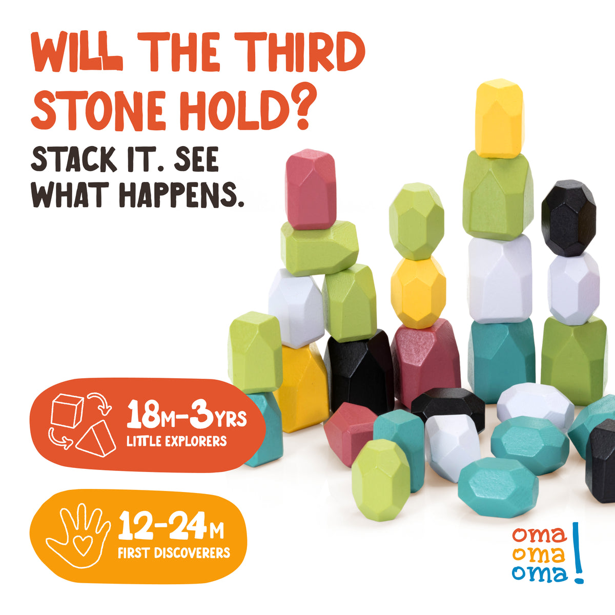 Wooden balance stones from OmaOmaOma — 36-piece Waldorf-inspired stacking set in FSC-certified wood (18m+)