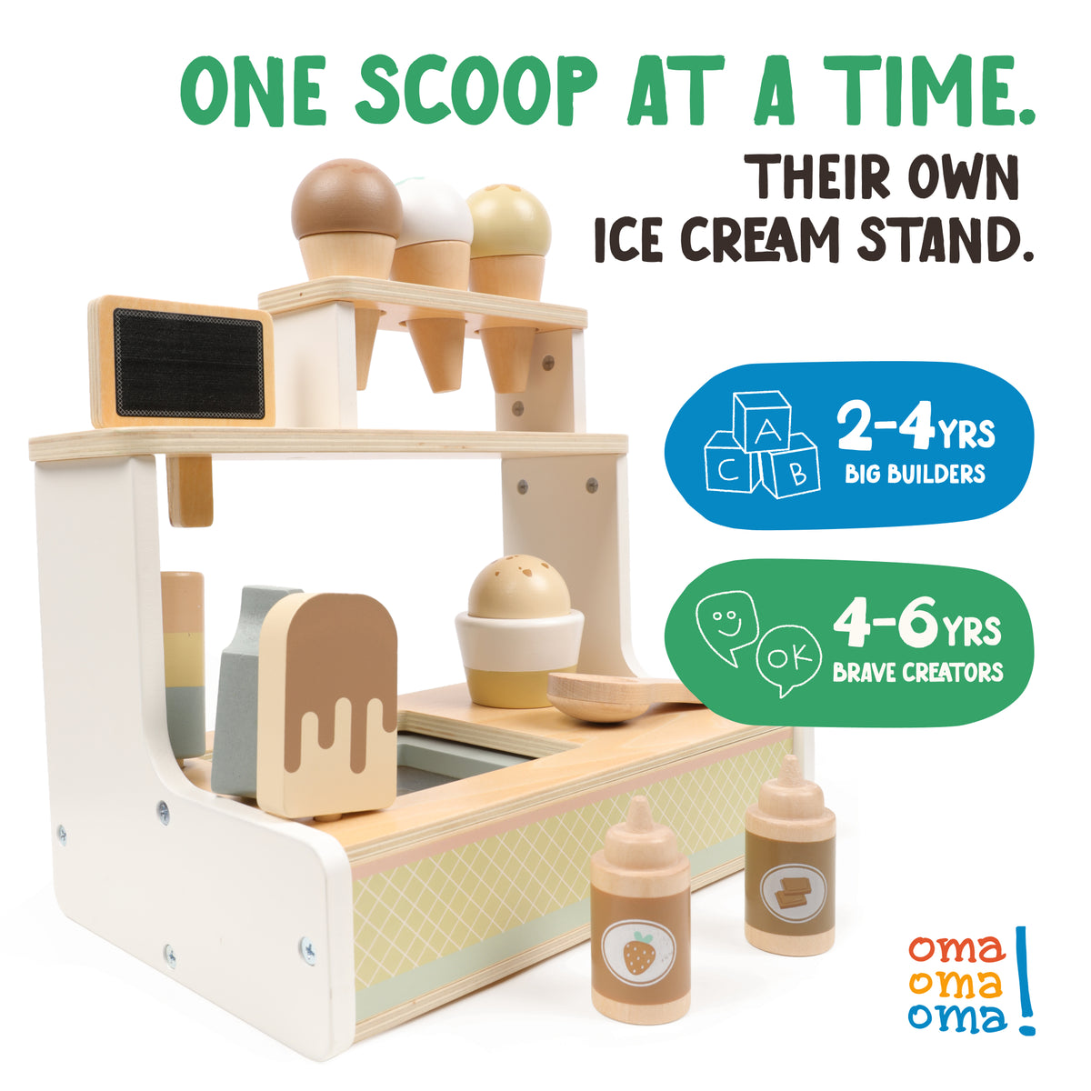 Wooden ice cream shop from OmaOmaOma — pretend ice cream stand with 15 play pieces in FSC-certified wood for ages 3+