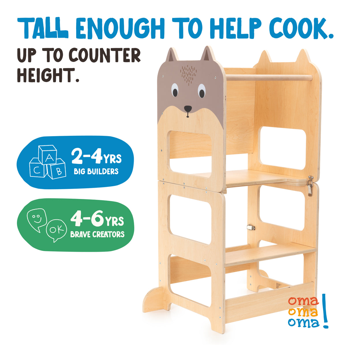 Montessori toddler learning tower from OmaOmaOma in FSC-certified wood — foldable kitchen helper stool (3+)