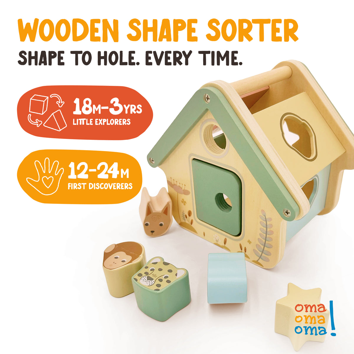 Wooden shape sorter from OmaOmaOma in FSC-certified wood — classic Montessori sorting toy for children 12m+