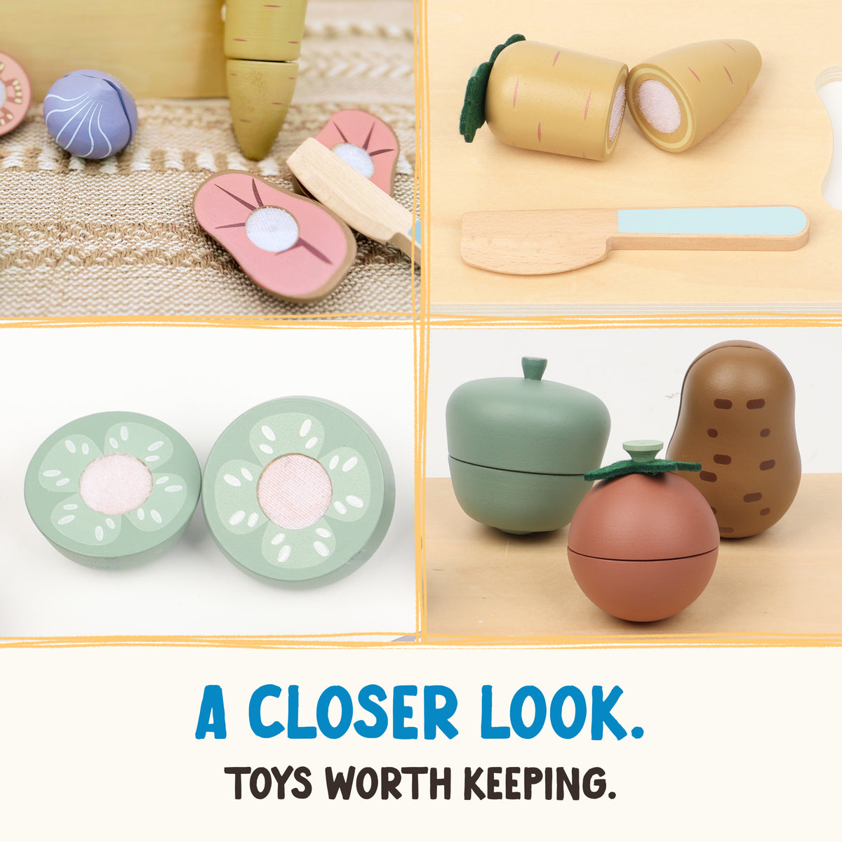 Four close up details of the wooden vegetable cutting set.