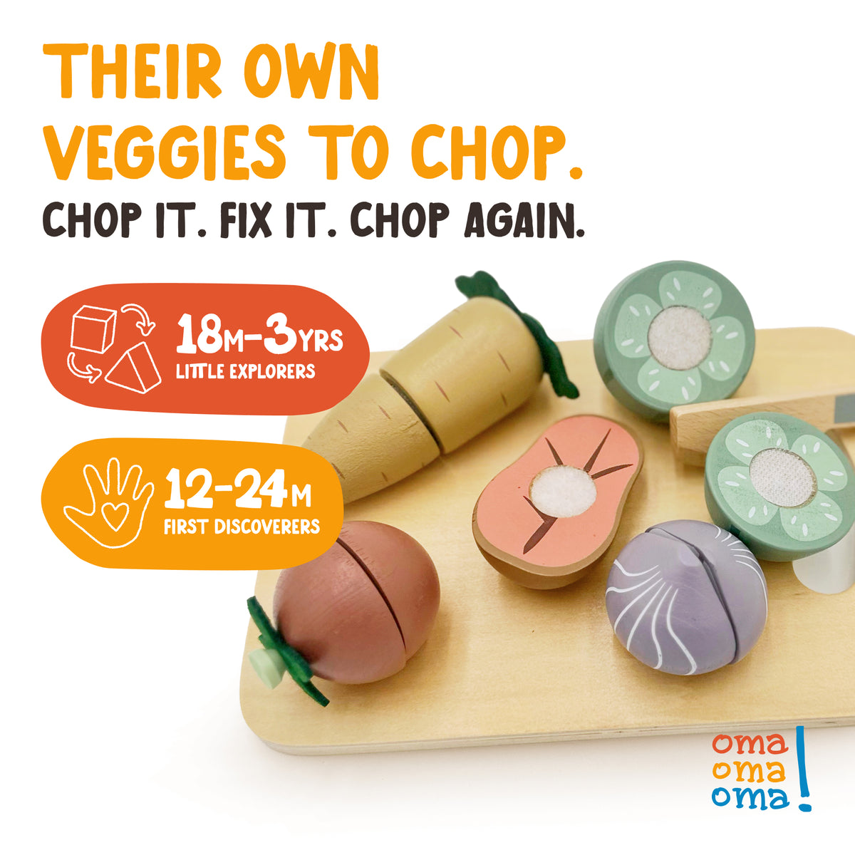 Wooden vegetable cutting set from OmaOmaOma — 7-piece Montessori play food in FSC-certified wood for toddlers 18m+