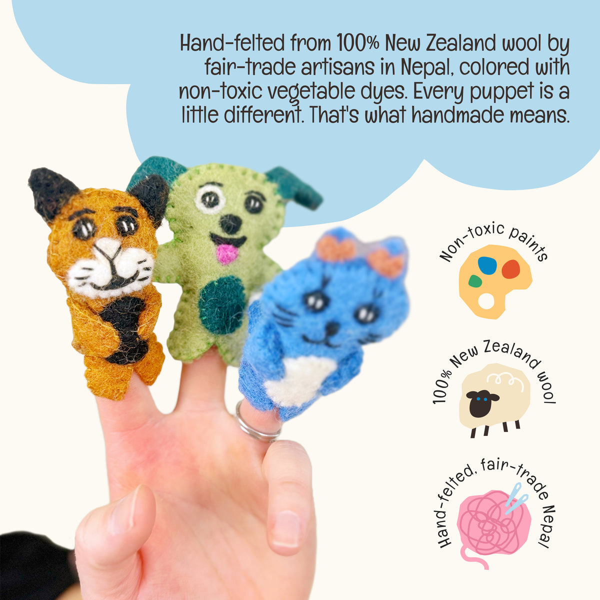 Pet Pals Heartfelts — Hand-Felted Finger Puppet Set with Pet House | OmaOmaOma