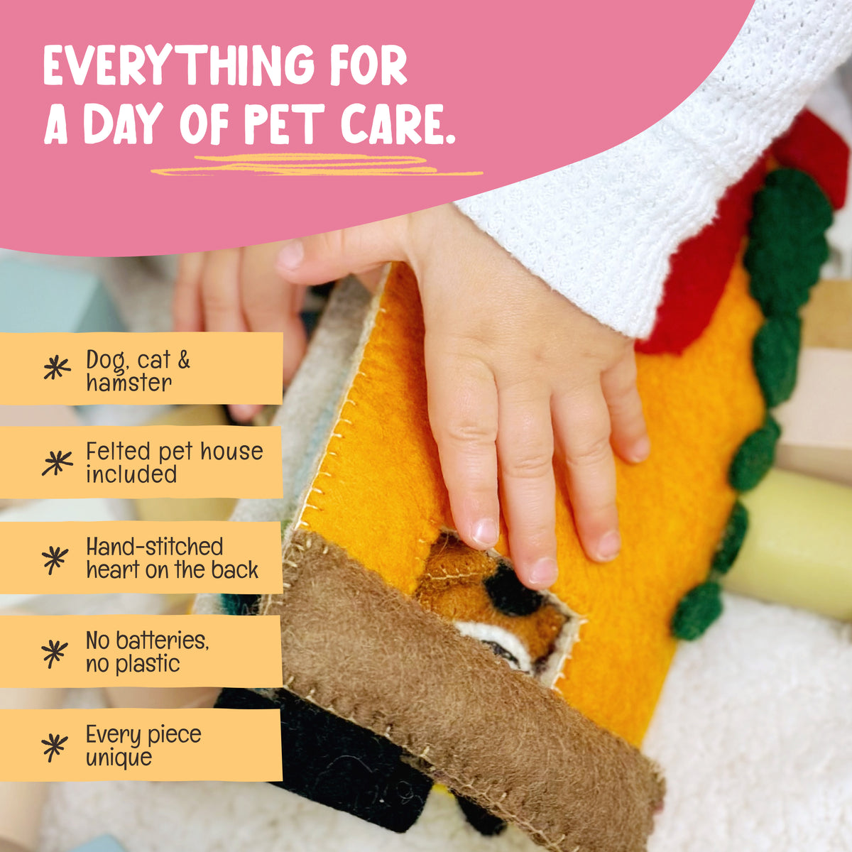 Pet Pals Heartfelts — Hand-Felted Finger Puppet Set with Pet House | OmaOmaOma