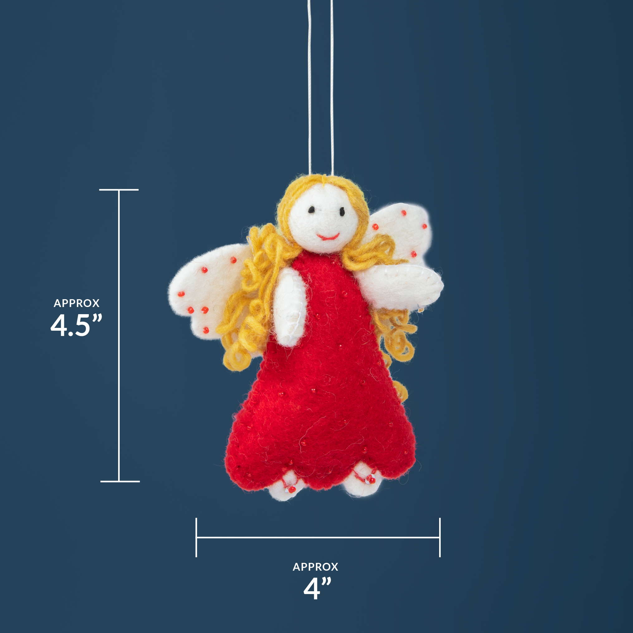 Each of our joyous angels measures about 4.5" tall and 4" wide. Pretty great size for an ornament!