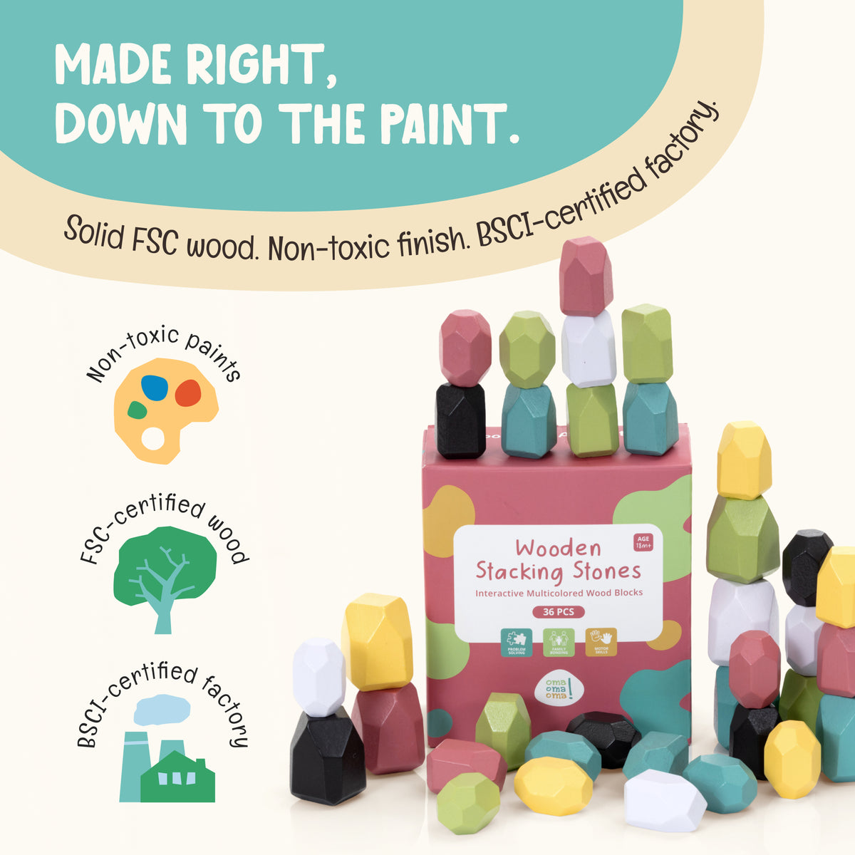 OmaOmaOma wooden balance stones credential strip — FSC wood, non-toxic paints, BSCI factory