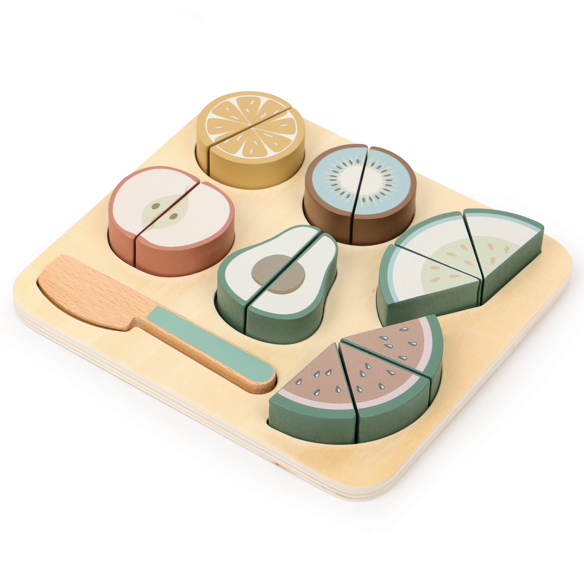 Wooden fruit cutting puzzle from OmaOmaOma on a plain white background.