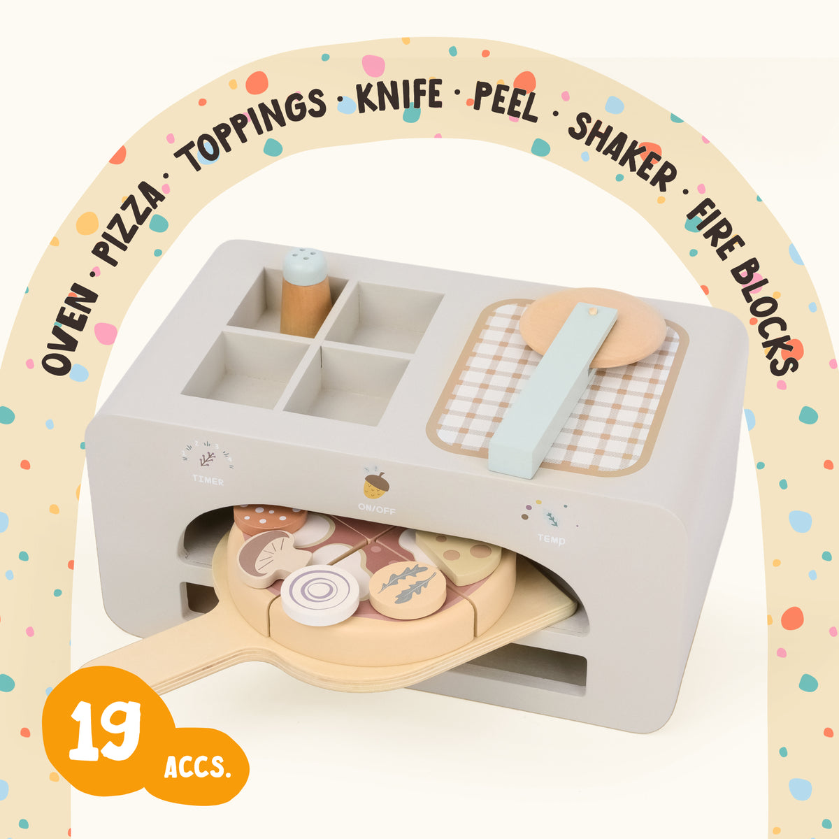 All 19 pieces of the OmaOmaOma wooden pizza oven play set — oven, pizza, toppings, knife, peel, and fire blocks