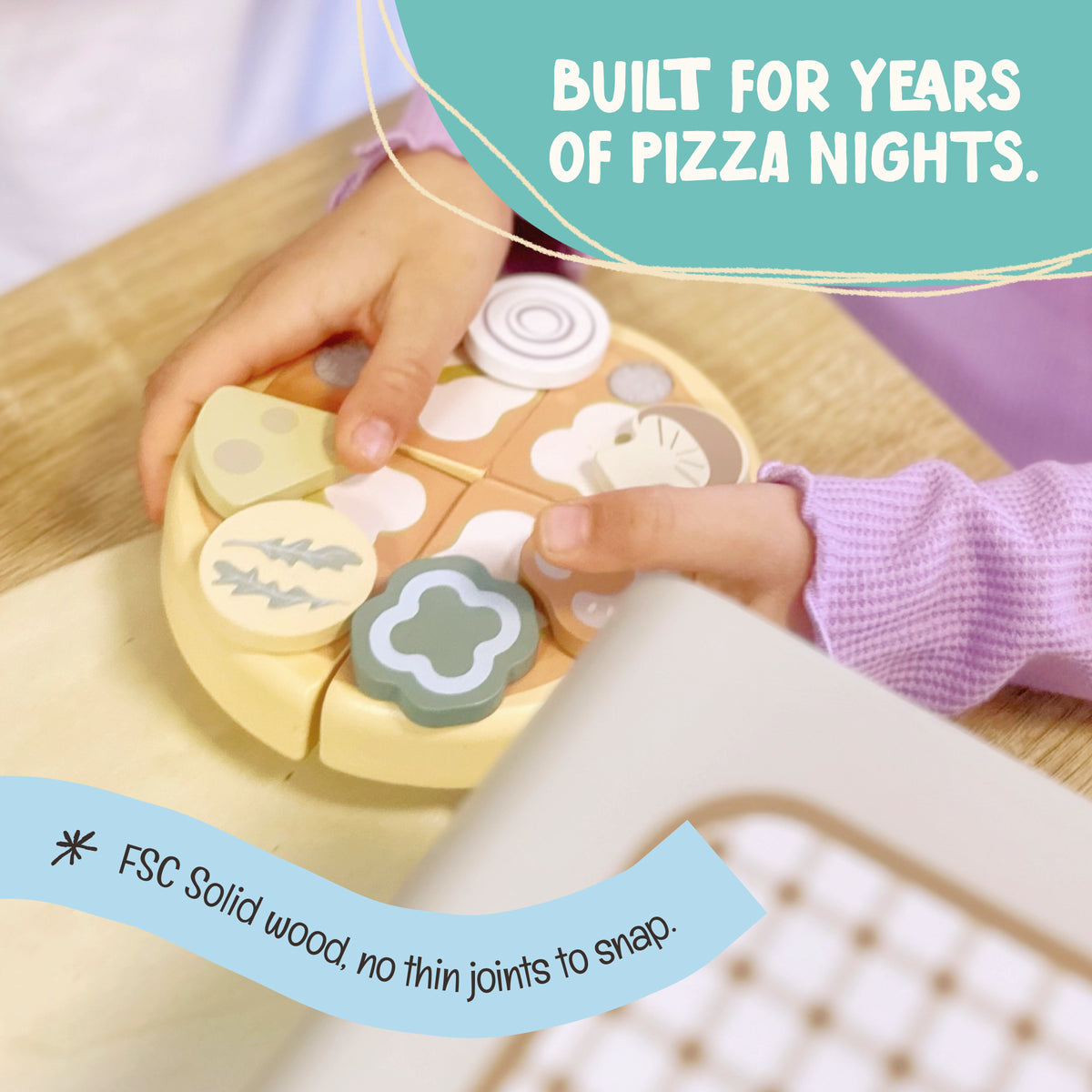 Wooden pizza oven play set from OmaOmaOma — easy to clean and built to last.