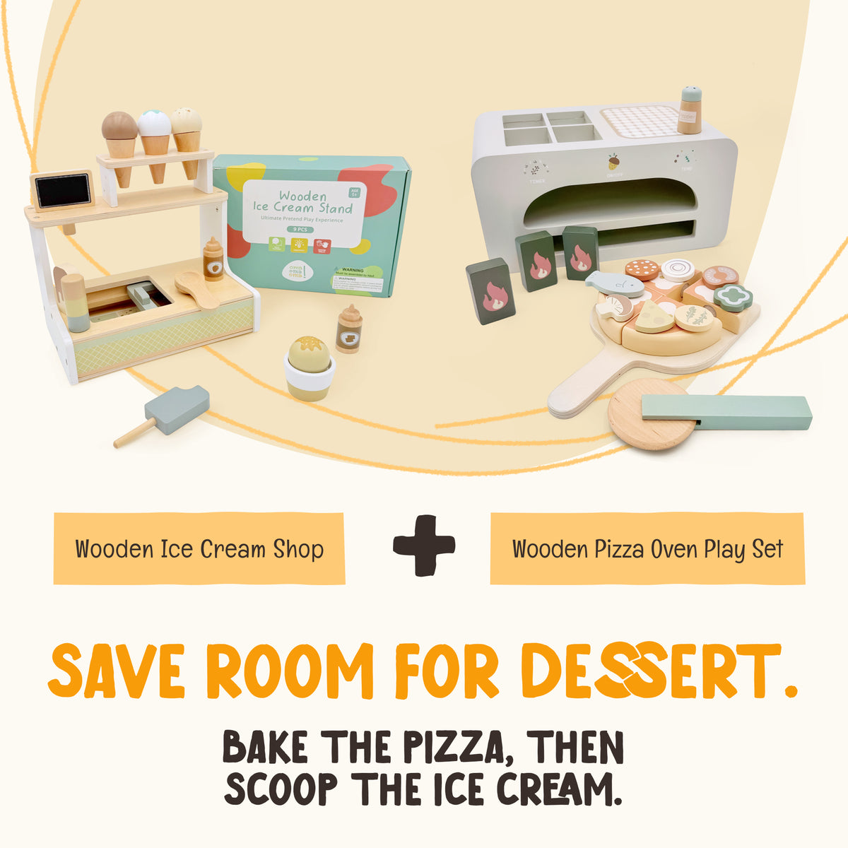 OmaOmaOma wooden pizza oven play set with the ice cream shopn for shared pretend cooking