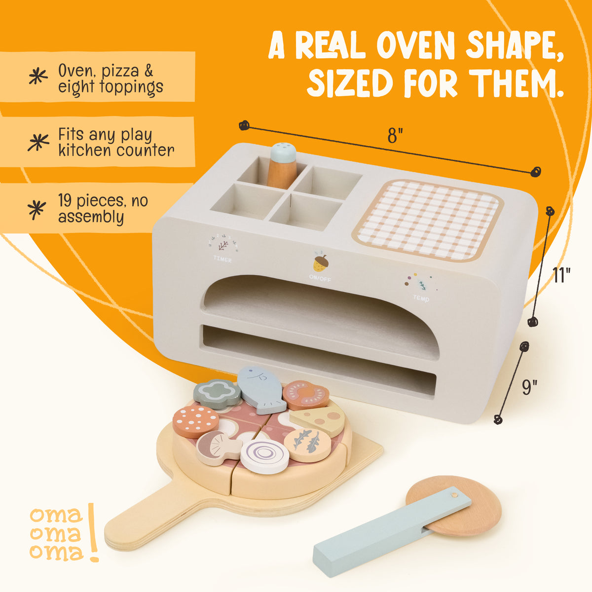 Product dimensions for OmaOmaOma wooden play kitchen showing toddler-scale proportions for ages 3 and up