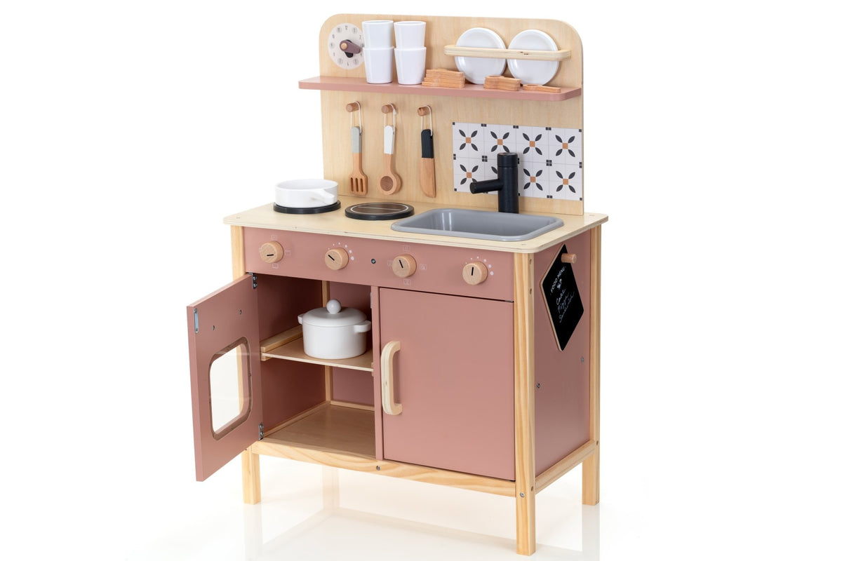 OmaOmaOma wooden play kitchen with all 22 accessories — pan, pot, plates, cups, utensils, and menu blackboard