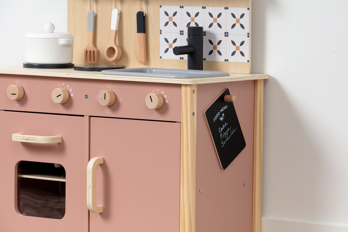 Wooden play kitchen from OmaOmaOma — toddler-scale pretend kitchen with stove, oven, sink in FSC-certified wood