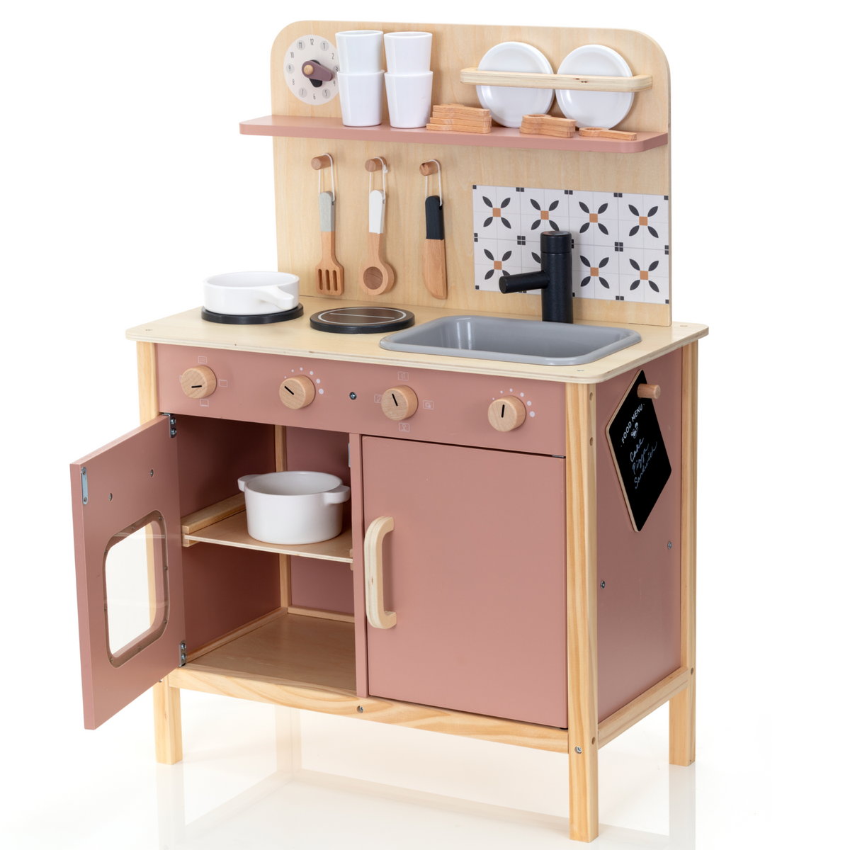 Wooden play kitchen from OmaOmaOma on a white background