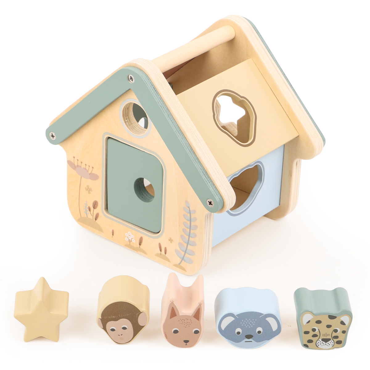 Wooden shape sorter from OmaOmaOma on a plain white background.