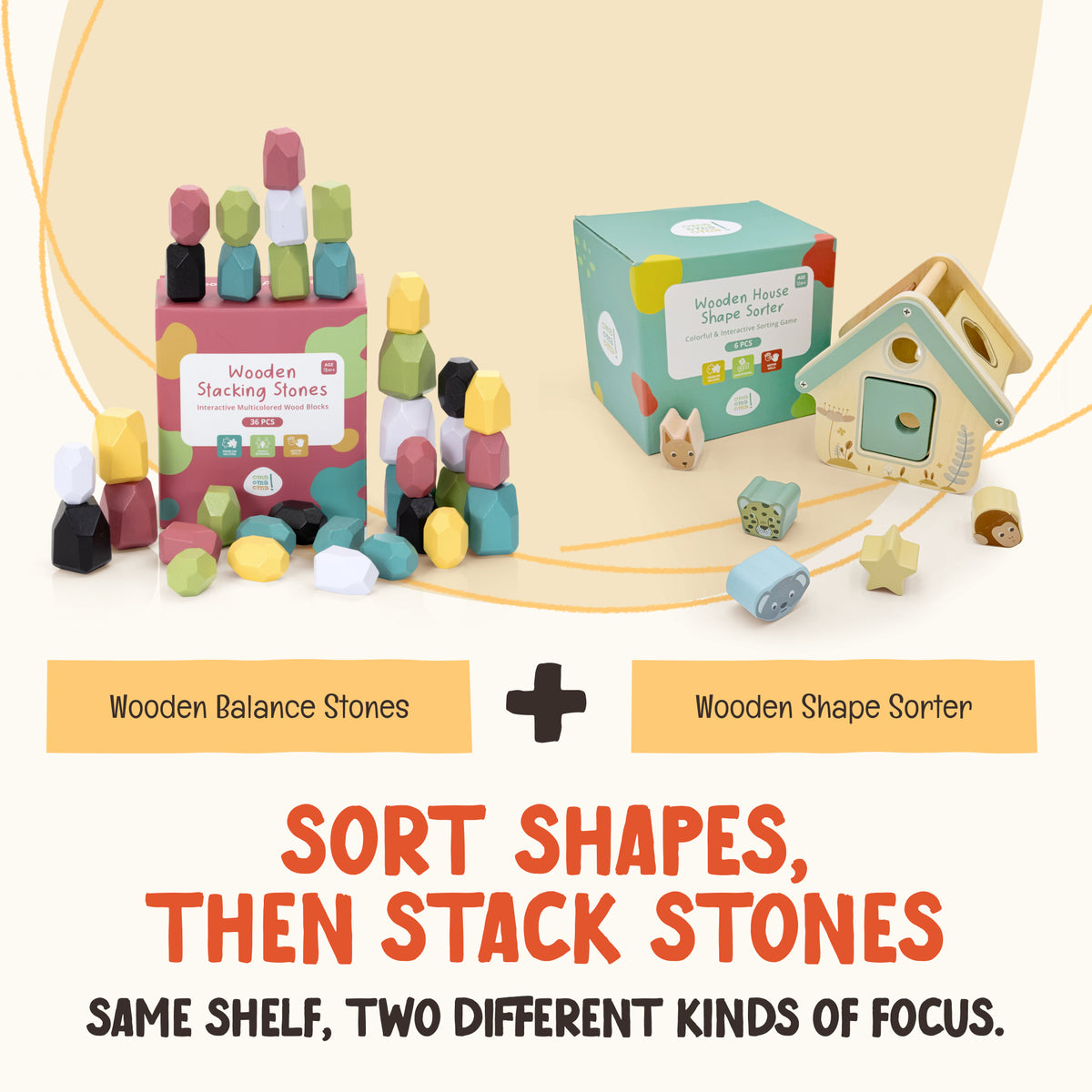 OmaOmaOma wooden shape sorter with the wooden balancestone set for classic Montessori toddler play.
