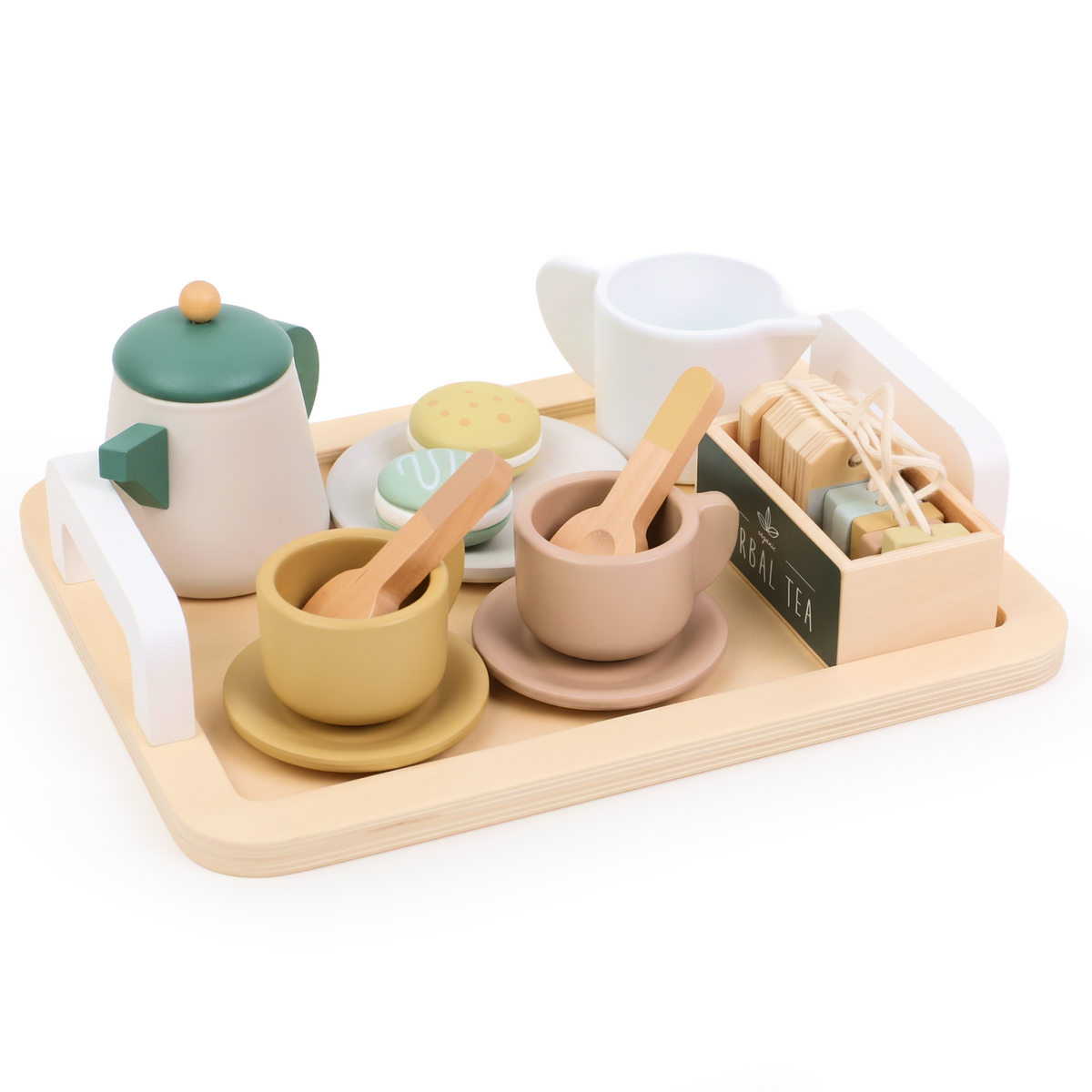 Wooden children's tea service from OmaOmaOma on a plaine white backgrund.
