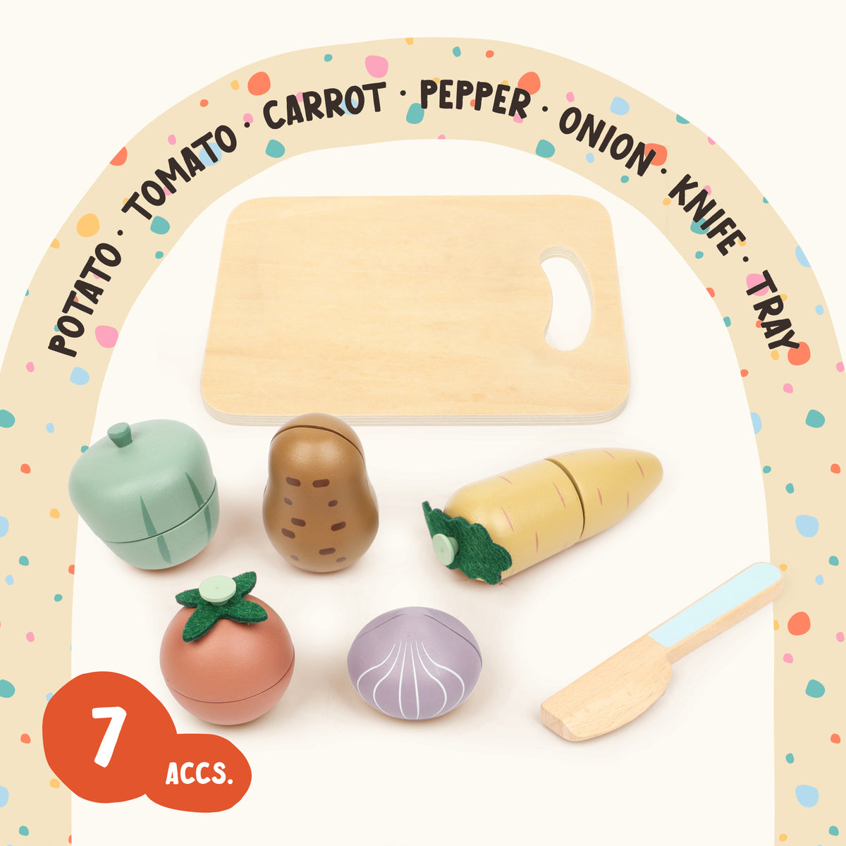 All 7 pieces of the OmaOmaOma wooden vegetable cutting set — 5 vegetables, wooden knife, and tray