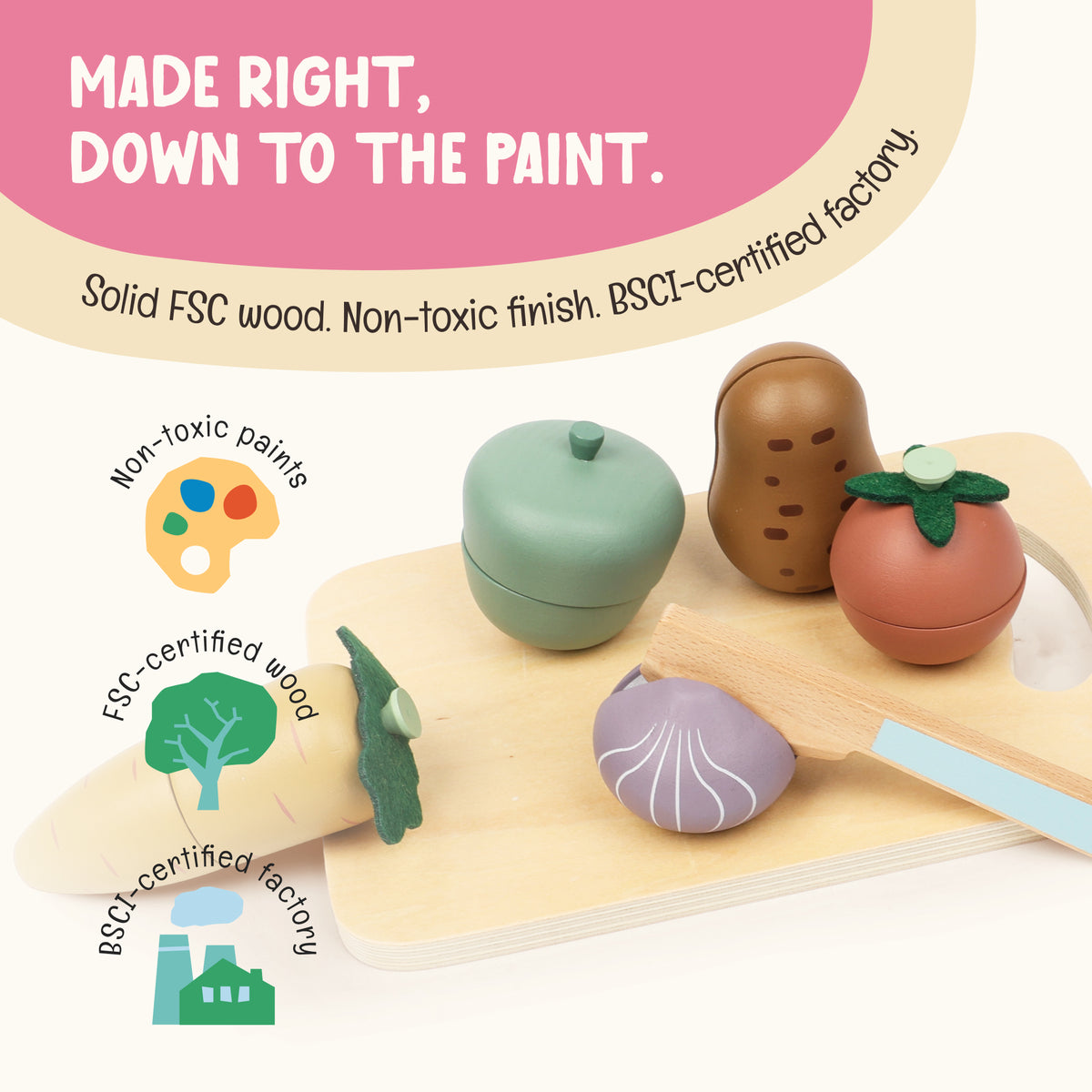 OmaOmaOma wooden vegetable cutting set credential strip — FSC wood, non-toxic paints, BSCI factory.