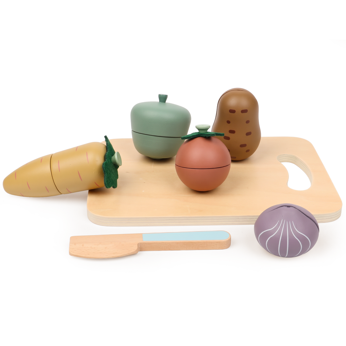 Wooden vegetable cutting set from OmaOmaOma on plain white background