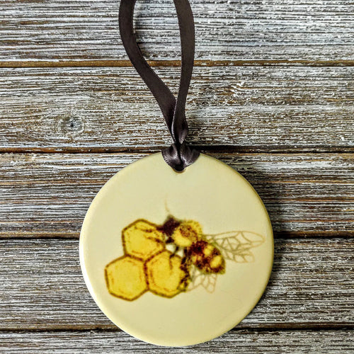 Hand Painted Bee + Honeycomb Ceramic Ornament